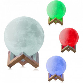 Lampa de veghe, awwaline, model luna 3D, 15cm, multicolora 7 efecte, reincarcabila, portabila, suport lemn