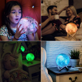Lampa de veghe multicolor, awwaline, model luna 3D, 7 efecte, reincarcabila, portabila, suport lemn