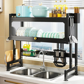 Scurgator vase deasupra chiuvetei cu usa, awwaline, negru, 2 niveluri, cu suport tacamuri, 85 x 30 x 80 cm