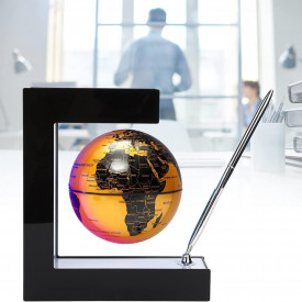 Glob pamantesc magnetic plutitor cu iluminare LED, awwaline, auriu, 17.3 cm x 19.5 cm x 5 cm, prevazut cu pix cromat si suport