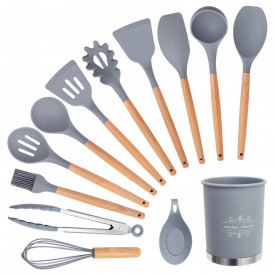 Set 13 ustensile de gatit din silicon, awwaline, maner rezistent din bambus