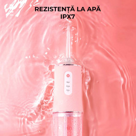 Irigator oral pentru dus bucal, awwaline®, Ultra-Portabil, 4 Capete Curatare, Rezervor 220 ml, roz