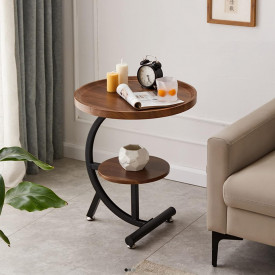 Masuta cafea rotunda, awwaline, lemn, maro, C-Shaped, 2 nivele, 40 x 40 x 62 cm