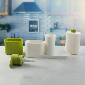 Set organizator de chiuveta 3 in 1, Dispenser Detergent de Vase, Sapun Lichid si Suport pentru Burete de Bucatarie, alb/verde