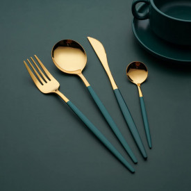 Set tacamuri 24 piese stil portughez, awwaline, auriu/verde, otel inoxidabil