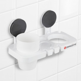 Suport depozitare baie multifunctional, awwaline, alb, prindere cu ventuza, pahar inclus, suport pentru periute, pasta de dinti, uscator