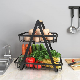 Cos de fructe cu 2 etaje, awwaline, negru, metalic, 31.5 cm x 20 cm x 31 cm, ideal pentru fructe, legume, condimente