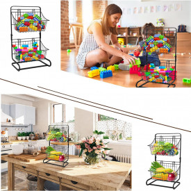 Cos multifunctional cu 2 etaje, awwaline, negru, metalic, 26 cm x 17.8 cm x 47.5 cm, ideal pentru fructe, legume, condimente