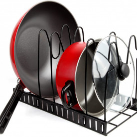 Etajera multifunctionala pentru tigai si capace, neagra, inaltime ajustabila, 5 rafturi