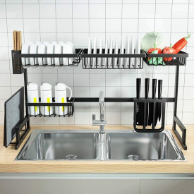 Scurgator vase deasupra chiuvetei, awwaline, negru, 2 niveluri, cu suport tacamuri, 85 x 52 x 32 cm