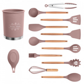 Set 13 ustensile de gatit din silicon, awwaline, maner rezistent din bambus