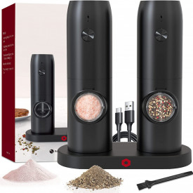 Set 2 rasnite electrice sare si piper, awwaline, negru, stand incarcare USB, perie curatare, Indicator LED, Grosime reglabila