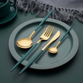 Set tacamuri 24 piese stil portughez, awwaline, auriu/verde, otel inoxidabil
