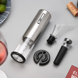 Set tirbuson electric si accesorii vin, awwaline, argintiu, 4 piese, incarcare USB