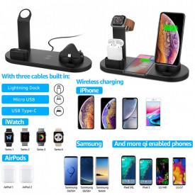 Statie de incarcare universala, 4 in 1 Wireless Charger Stand cu interfata Lightning/Micro USB/USB Type-C, pentru smartphone iPhone, Samsung, Airpods, ceas Apple