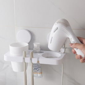 Suport depozitare baie multifunctional, awwaline, alb, prindere cu ventuza, pahar inclus, suport pentru periute, pasta de dinti, uscator