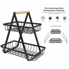 Cos de fructe cu 2 etaje, awwaline, negru, metalic, 31.5 cm x 20 cm x 31 cm, ideal pentru fructe, legume, condimente