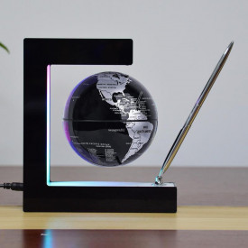 Glob pamantesc magnetic plutitor cu iluminare LED, awwaline, negru, 17.3 cm x 19.5 cm x 5 cm, prevazut cu pix cromat si suport