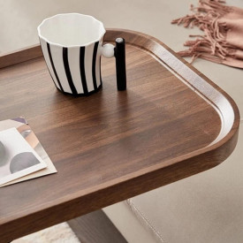 Masuta cafea cu roti, awwaline, lemn, maro, C-Shaped, 2 nivele, 52 x 34 x 60 cm