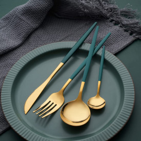 Set tacamuri 24 piese stil portughez, awwaline, auriu/verde, otel inoxidabil