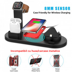 Statie de incarcare universala, 4 in 1 Wireless Charger Stand cu interfata Lightning/Micro USB/USB Type-C, pentru smartphone iPhone, Samsung, Airpods, ceas Apple