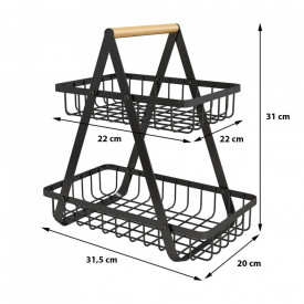 Cos de fructe cu 2 etaje, awwaline, negru, metalic, 31.5 cm x 20 cm x 31 cm, ideal pentru fructe, legume, condimente