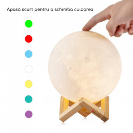 Lampa de veghe, awwaline, model luna 3D, 15cm, multicolora 7 efecte, reincarcabila, portabila, suport lemn