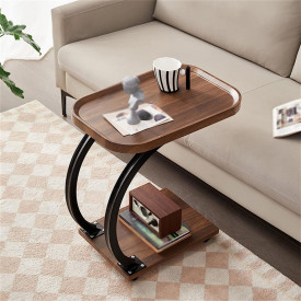 Masuta cafea cu roti, awwaline, lemn, maro, C-Shaped, 2 nivele, 52 x 34 x 60 cm