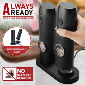 Set 2 rasnite electrice sare si piper, awwaline, negru, stand incarcare USB, perie curatare, Indicator LED, Grosime reglabila