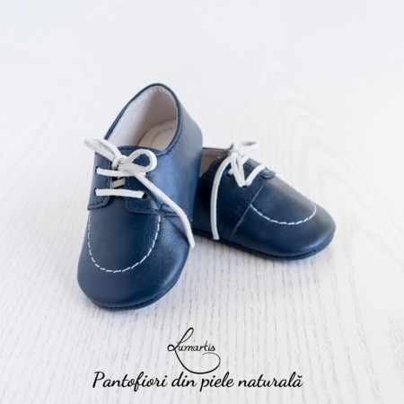 Pantofiori botez - din piele naturală - albastru