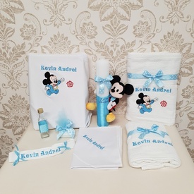 Set botez - Baby Mickey, Bleu (lumânare și trusou)
