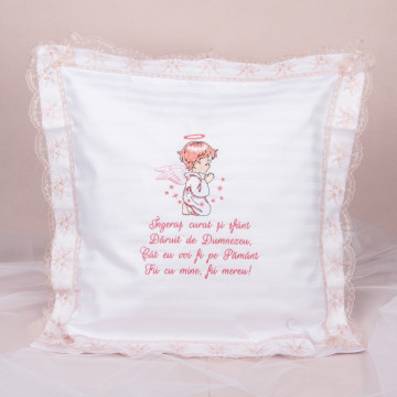 Pernă decorativă pătuț bebe - brodată cu îngeraș roz pudră