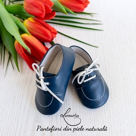 Pantofiori botez - din piele naturală - albastru