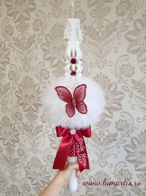 Lumânare botez ornată LB 057, cu fundiță personalizată
