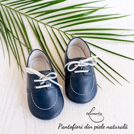 Pantofiori botez - din piele naturală - albastru