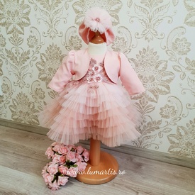 Rochiță botez Josephine - Roz (mânecă lungă)