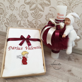Set botez- Prosop brodat și lumânare - Burgundy