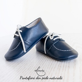Pantofiori botez - din piele naturală - albastru
