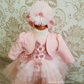 Rochiță botez Josephine - Roz (mânecă lungă)