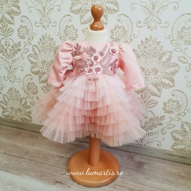 Rochiță botez Josephine - Roz (mânecă lungă)