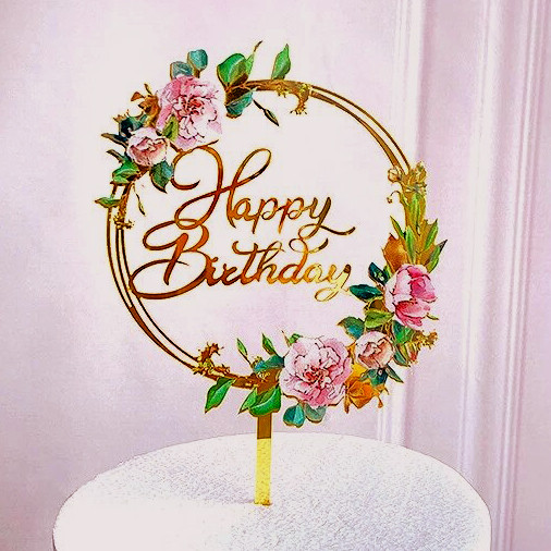 Buon Compleanno in cerchio di Fiori Rosa. Happy Birthday. Cake Topper