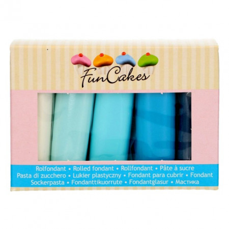 Blu pastello, Blu baby, Blu mare, Blu denim e Bianco brillante. Pasta di zucchero. Senza Glutine