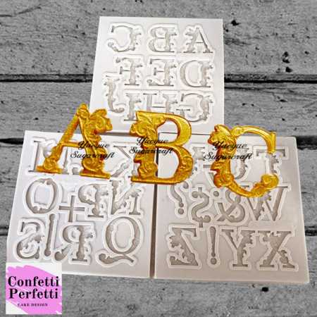 Lettere Decorate Alfabeto Barocco. Set di 3 Stampi in silicone