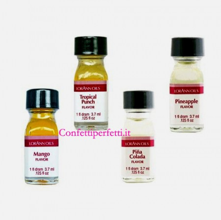 Set di 4 Essenze Aromatiche Tropicali. Aroma liquido gusto Piña Colada, Mango, Punch e Ananas. Lorann