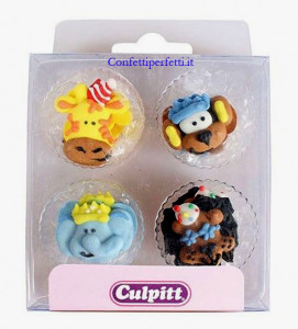 Animali e Feste. Set di 12 decorazioni in zucchero a tema. Culpitt