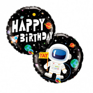 Astronauta e Buon Compleanno. Palloncino doppia immagine Metalfoil di 45 cm. Gonfiabile a Elio