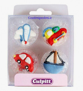 Mezzi di Trasporto. Set di 12 decorazioni in zucchero a tema. Culpitt