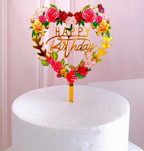Buon Compleanno in Cuore di Fiori Rosa. Happy Birthday. Cake Topper