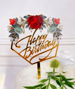 Buon Compleanno. Cornice con grande Rosa Rossa. Happy Birthday. Cake Topper
