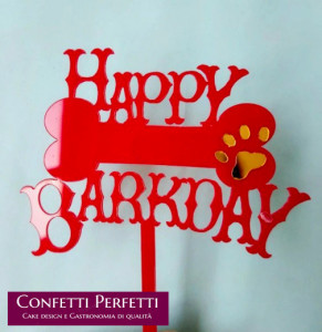 Osso di cane Rosso con Zampa. Buon Compleanno. Happy Barkday. Cake Topper